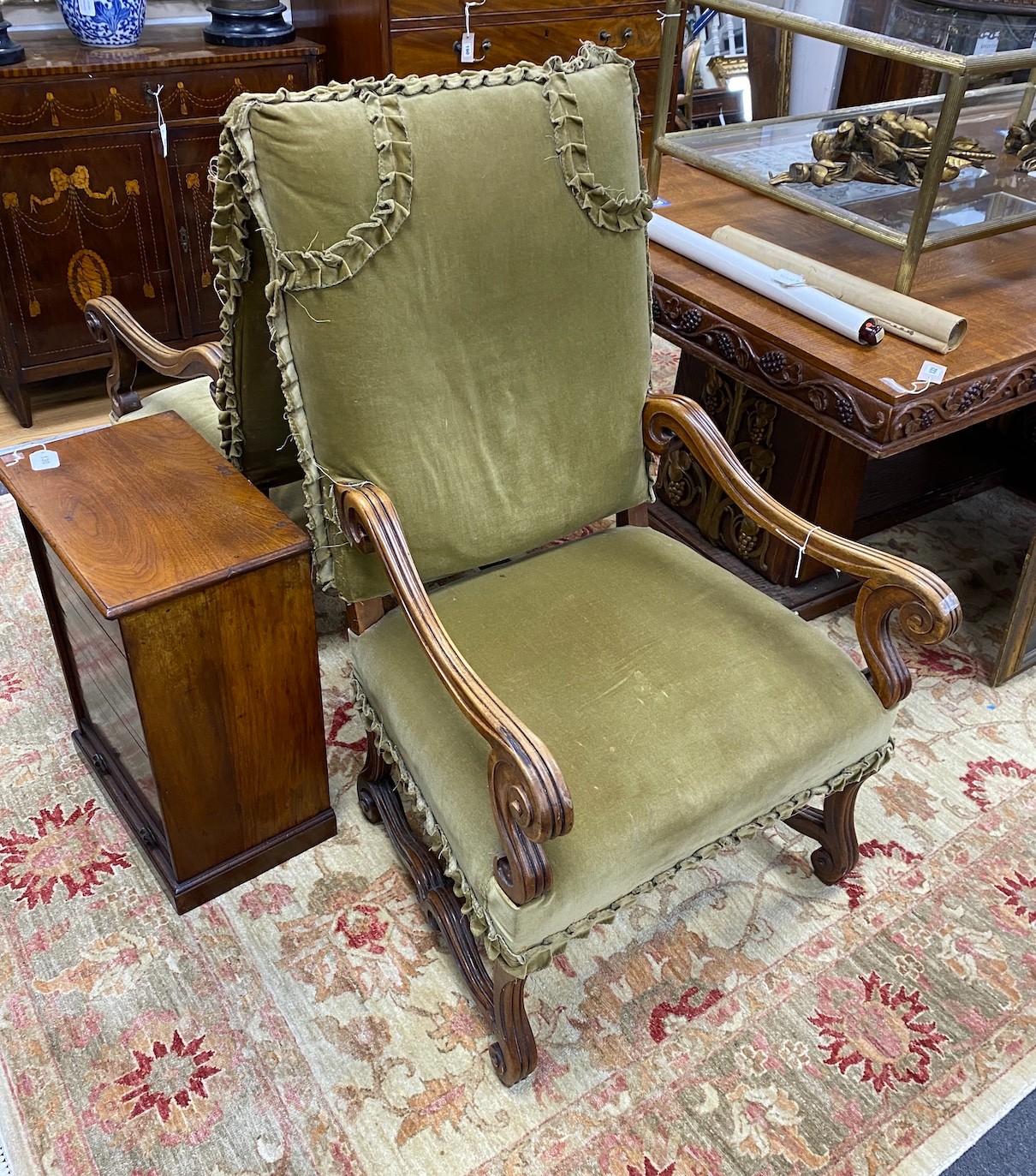 A pair of Louis XVI style upholstered mahogany open armchairs, width 60cm, depth 58cm, height 116cm